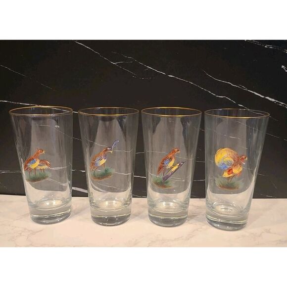 4 Highball Gold Rimmed Bar Glasses With 3D Enameled Game Birds Pheasant Set EUC - Picture 1 of 15